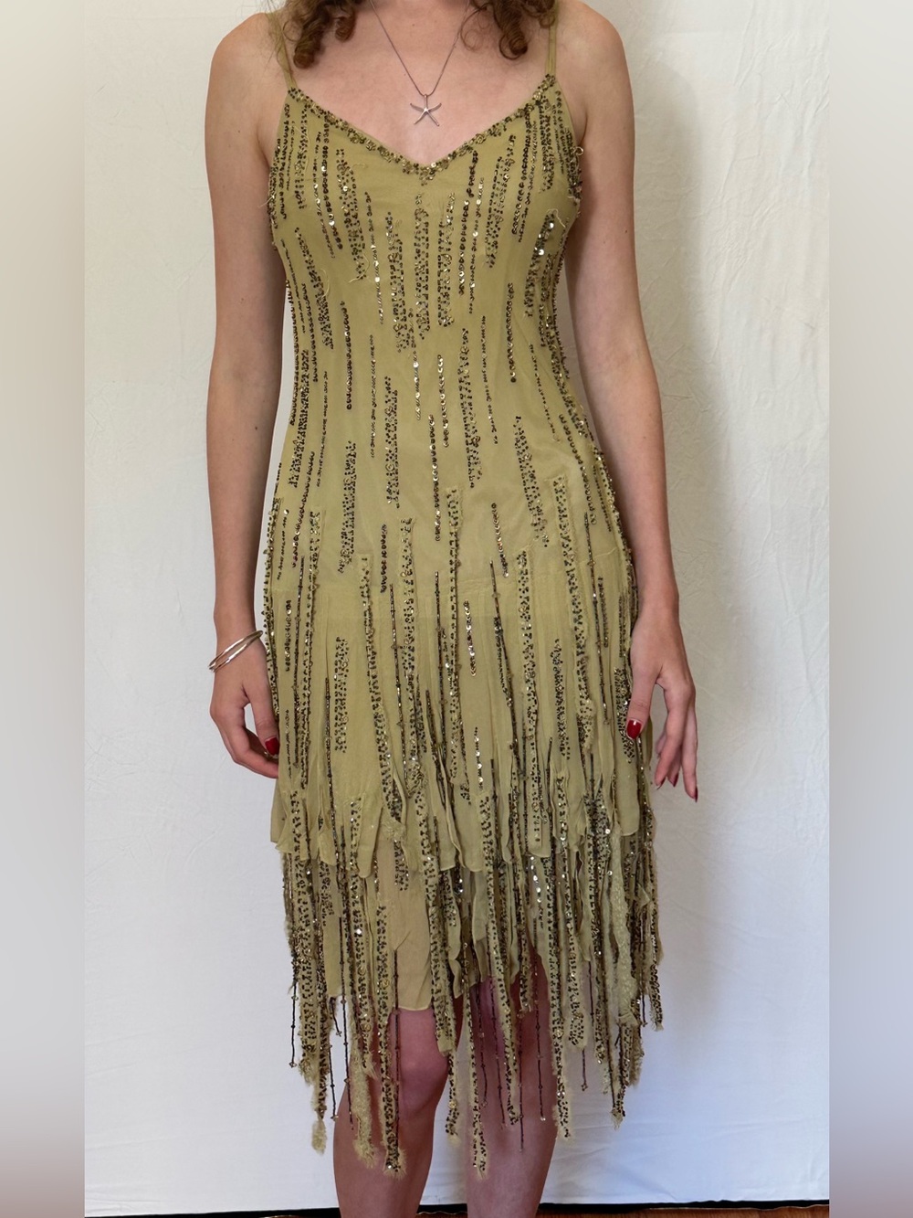 Sue Wong Olive Green Beaded Fringe High-Low Slip Dress